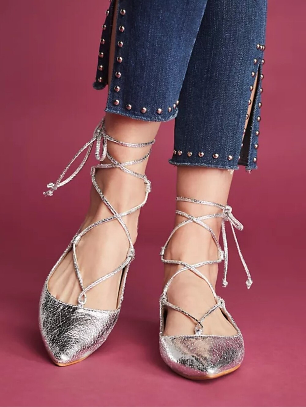 Anthropologie Vanessa Wu Crinkle Metallic Silver Lace-Up Pointed Ballet Flats 7